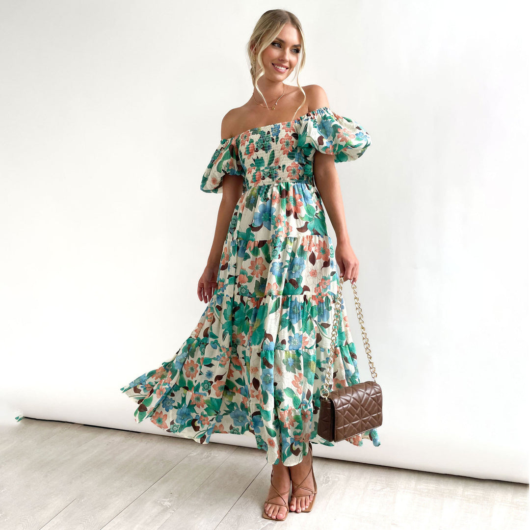 Ladies Floral Puff Sleeve Midi Dress Lune London