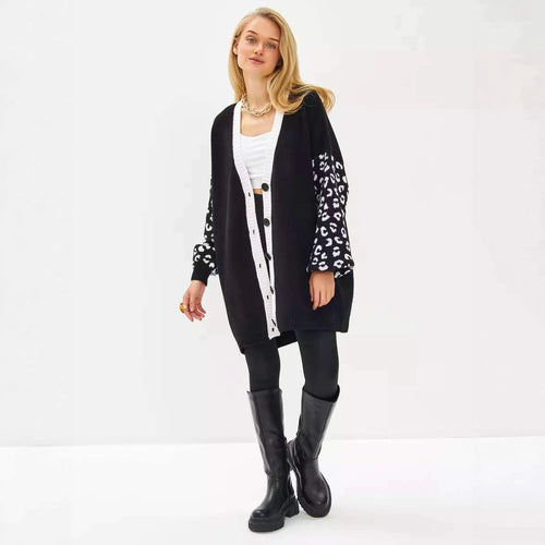 Women thick knit cardigan with contrast sleeve design and modern button details Amarael