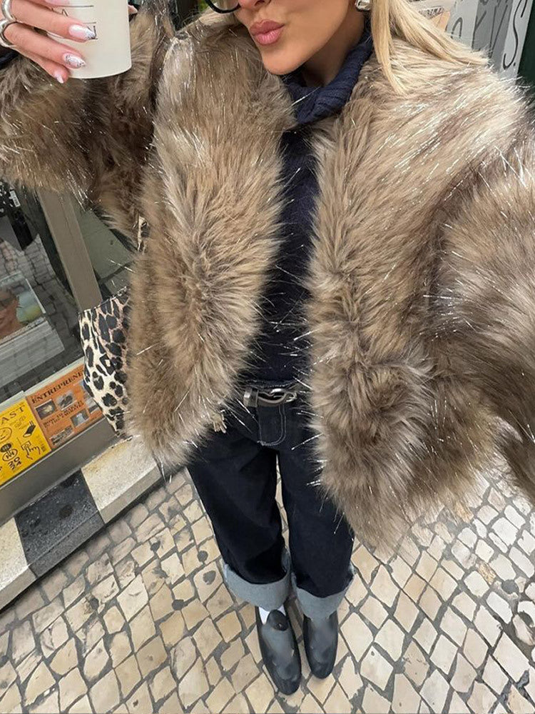 Ladies luxurious faux fur jacket with sparkling detail Lune London