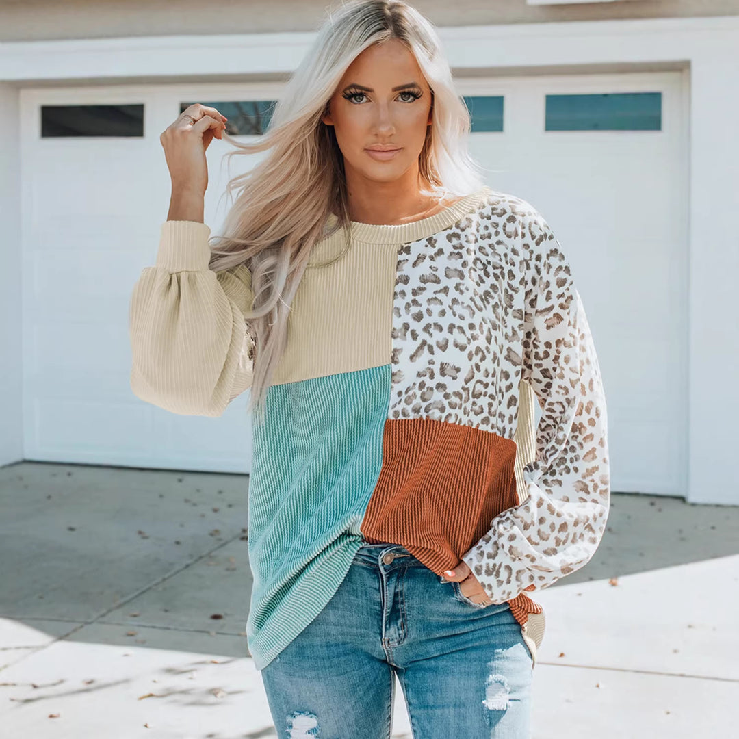 Ladies Oversize Patchwork Sweater with Animal Print and Textured Knit Amarae