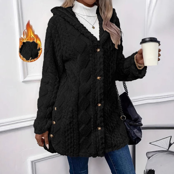 Ladies oversized cozy coat with hood and button placket Amarae
