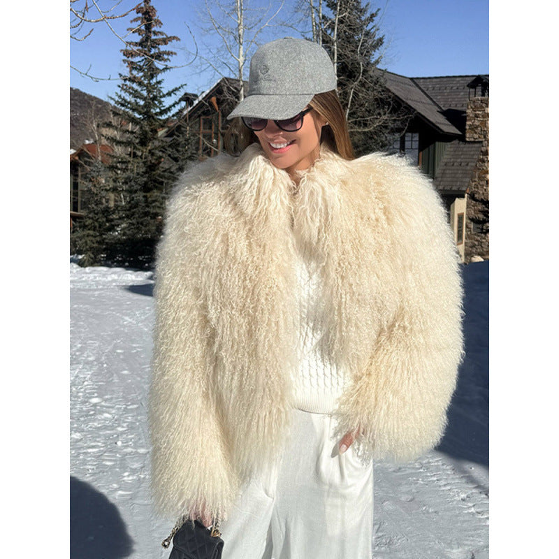 Women's Cozy Short Jacket in Lambskin Look with Curly Long Pile Structure Amarae