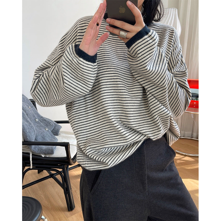 Women's Striped Fine Knit Sweater with Dropped Shoulder and Ribbed Collar Amarae