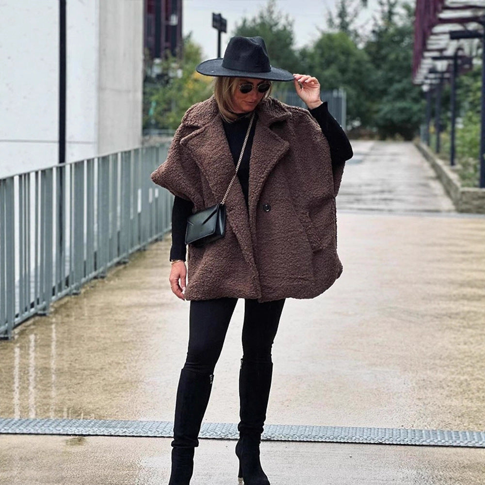Women's Short Teddy Cape with Shawl Collar and Concealed Button Placket Amarae