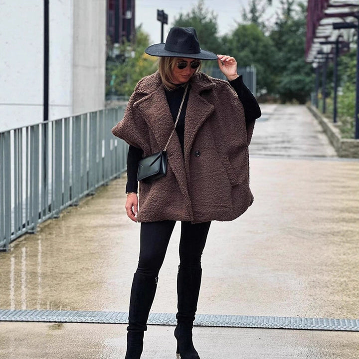 Women's Short Teddy Cape with Shawl Collar and Concealed Button Placket Amarae