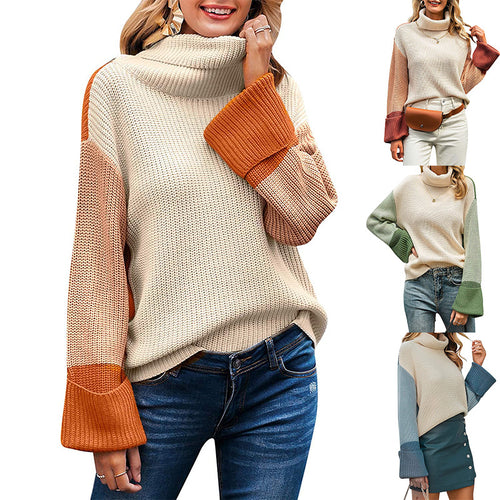 Chunky knit sweater for women with high collar and contrasting sleeves Amarae