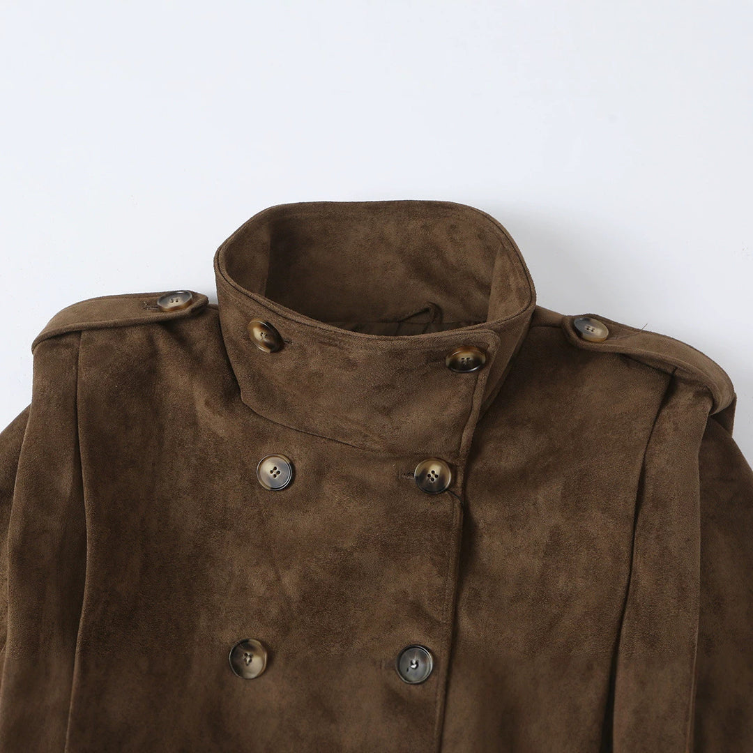 Women Short Double-Breasted Suede Jacket with Stand-Up Collar and Epaulettes Amarae