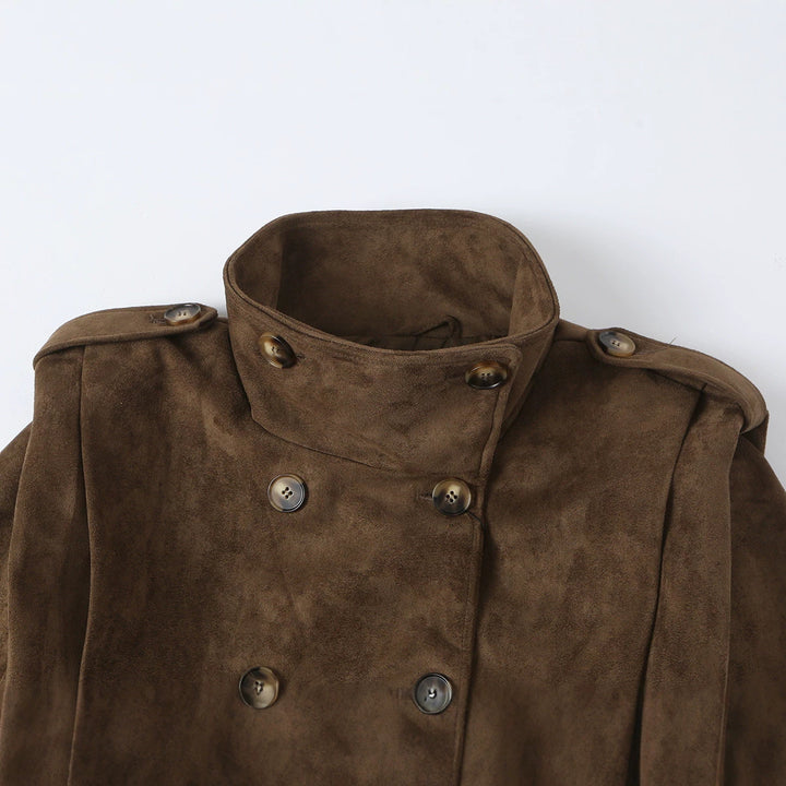 Women Short Double-Breasted Suede Jacket with Stand-Up Collar and Epaulettes Amarae