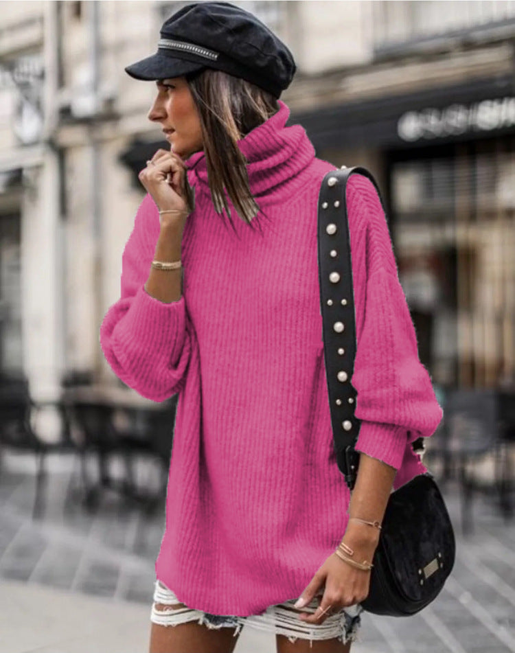 Oversized knitted sweater for women with high collar and chic fashion details