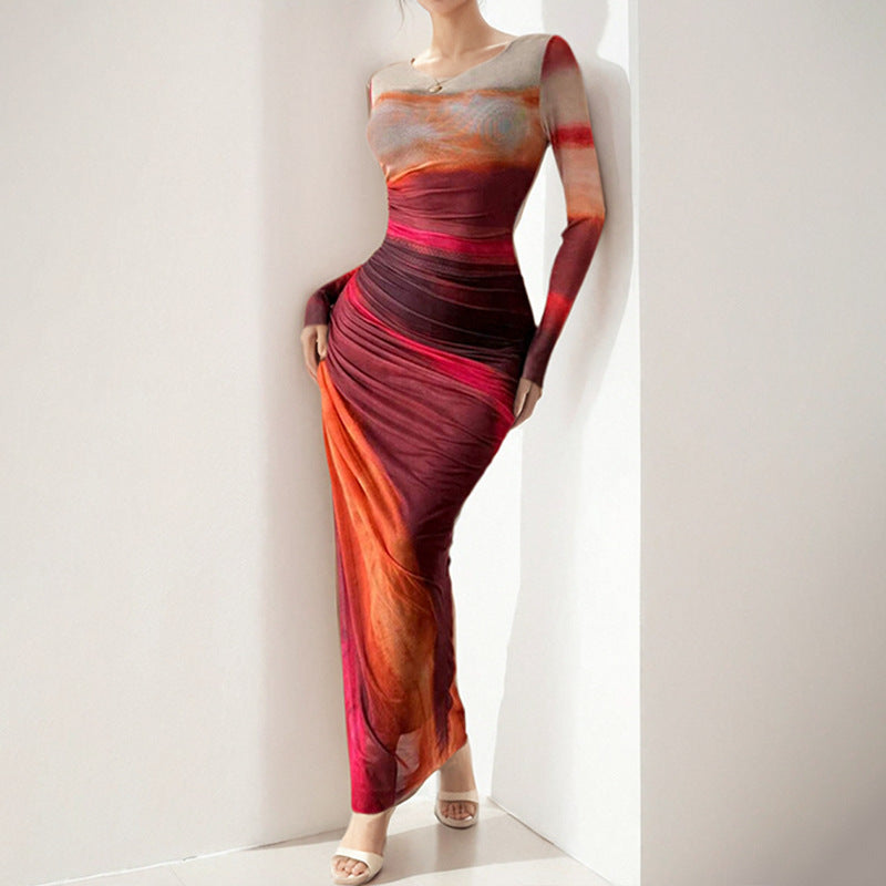 Robe maxi élégante pour femmes avec effet drapé raffiné et manches longues Chic & Stil