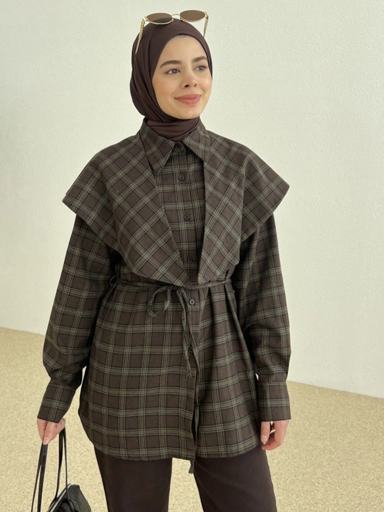 Women's Oversized Checked Shirt with Waist Belt and Extended Back Hem Amarae