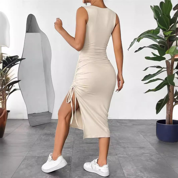 Fitted midi dress for women with decorative ruched effect and side laces Lune London