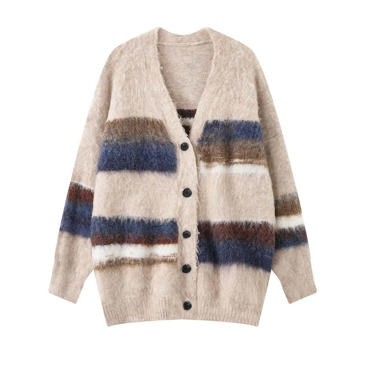 Women Cozy Mohair-Optics Checkered Button Cardigan with Oversize Silhouette Amarae