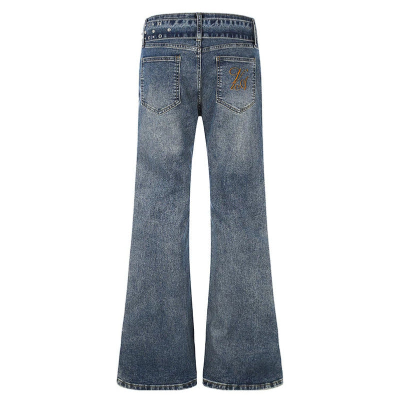 Women's High-Waist Flared Denim Jeans with Studded Detail, Wide Flare and Decorative Belt Amarae