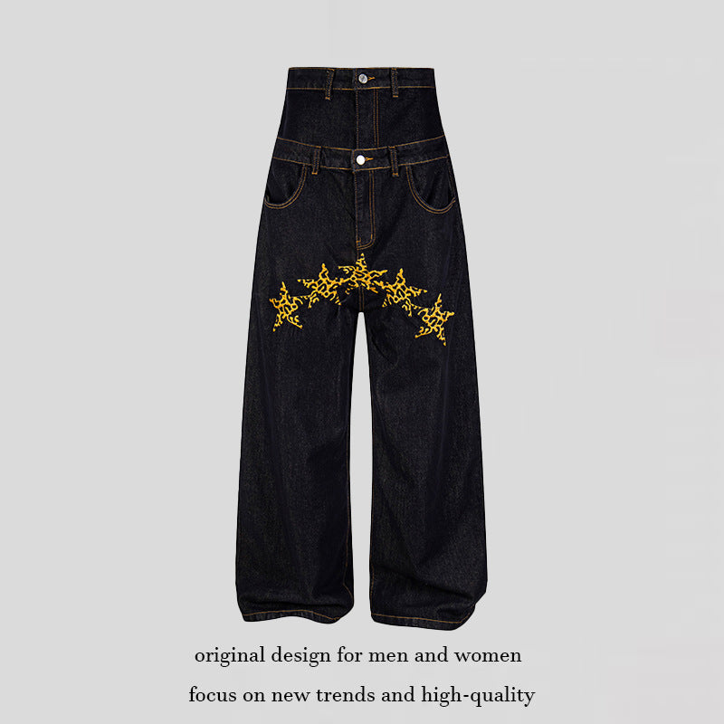 Women High-Waisted Wide Jeans with Decorative Star Embroidery Amarae