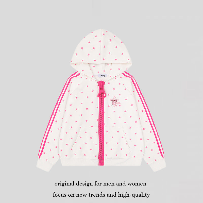 Women's hoodie sweatshirt with star all-over print, wide contrast zipper and side stripes Amarae
