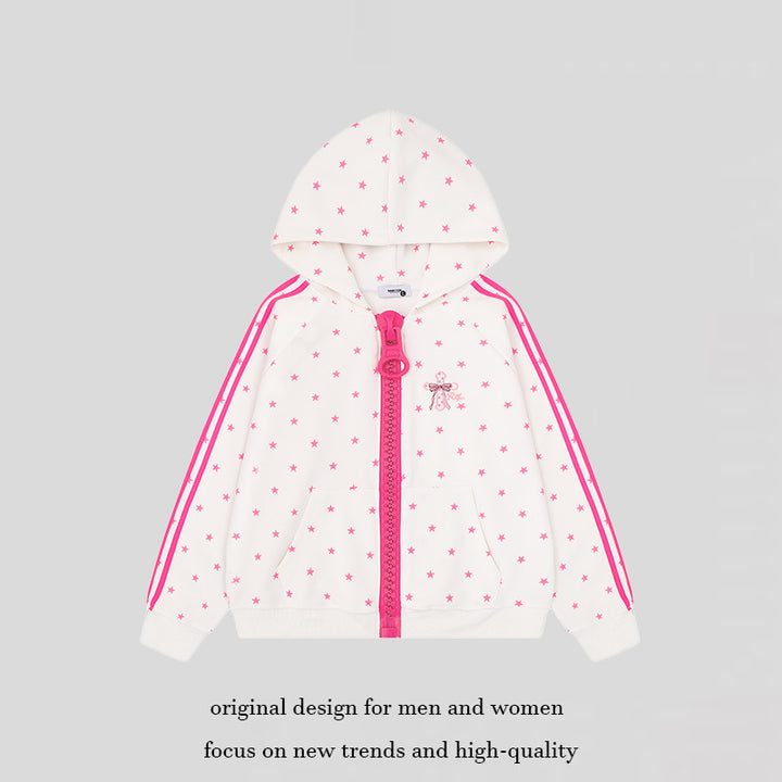Women's hoodie sweatshirt with star all-over print, wide contrast zipper and side stripes Amarae