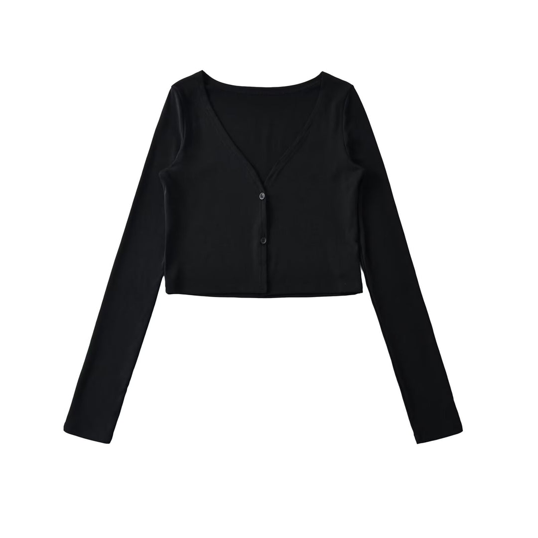 Women Cropped Jersey Cardigan with Deep V-Neck and Narrow Button Placket Amarae