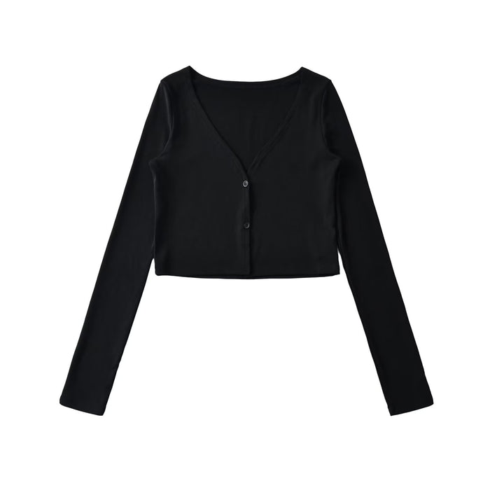 Women Cropped Jersey Cardigan with Deep V-Neck and Narrow Button Placket Amarae