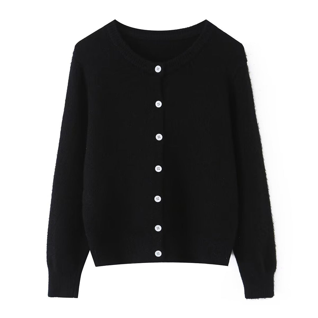 Women's lightweight fine knit cardigan with round neck, ribbed cuffs, and pearl buttons Amarae