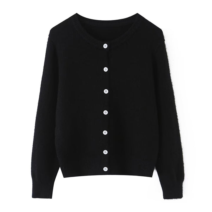 Women's lightweight fine knit cardigan with round neck, ribbed cuffs, and pearl buttons Amarae