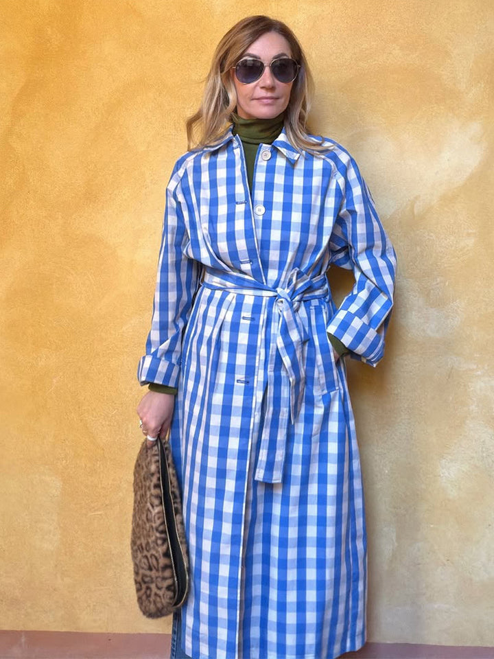 Women's long checkered coat with waist belt and shirt collar Amarae