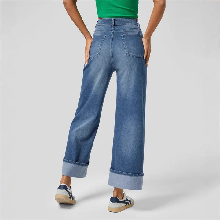 Wide leg denim pants for women with cuffed hem Chic & Stil