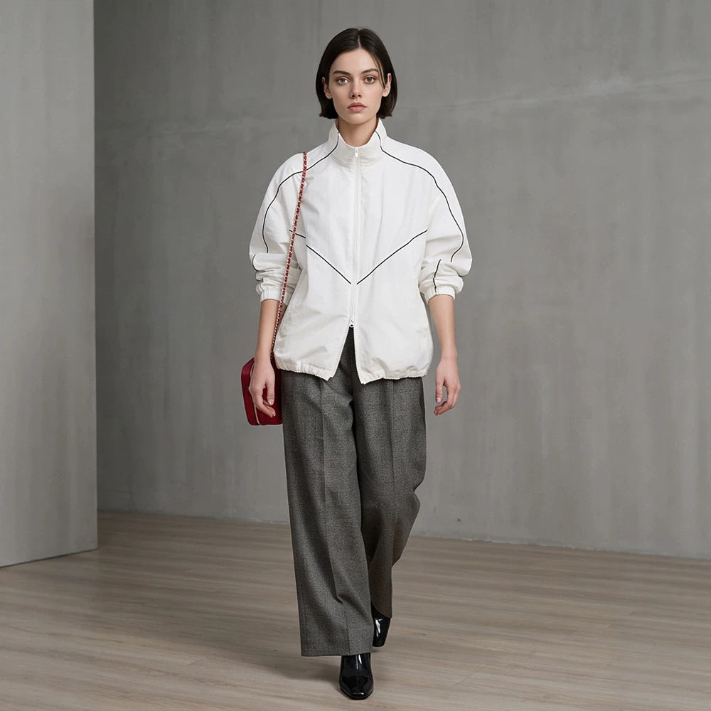 Women’s short bomber-style jacket with sculptural seam design and high stand-up collar Amarae