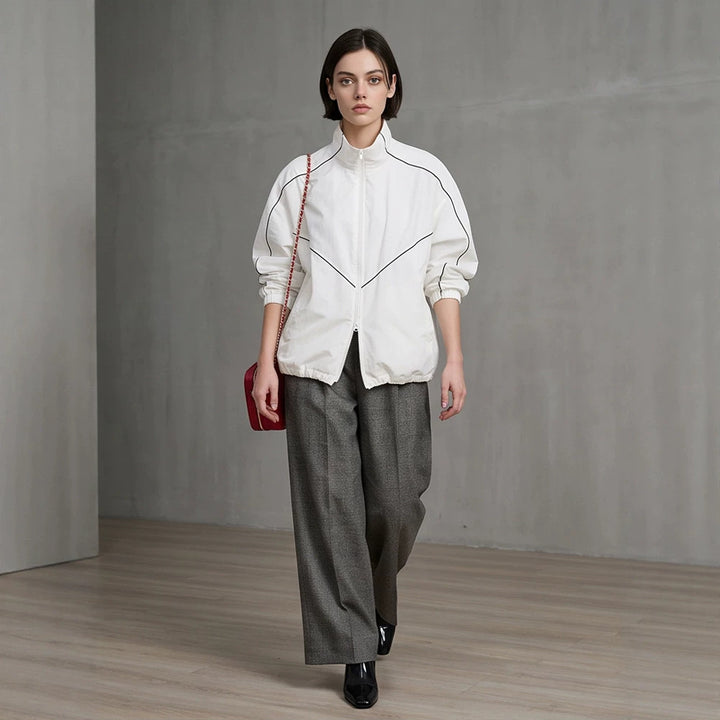 Women’s short bomber-style jacket with sculptural seam design and high stand-up collar Amarae