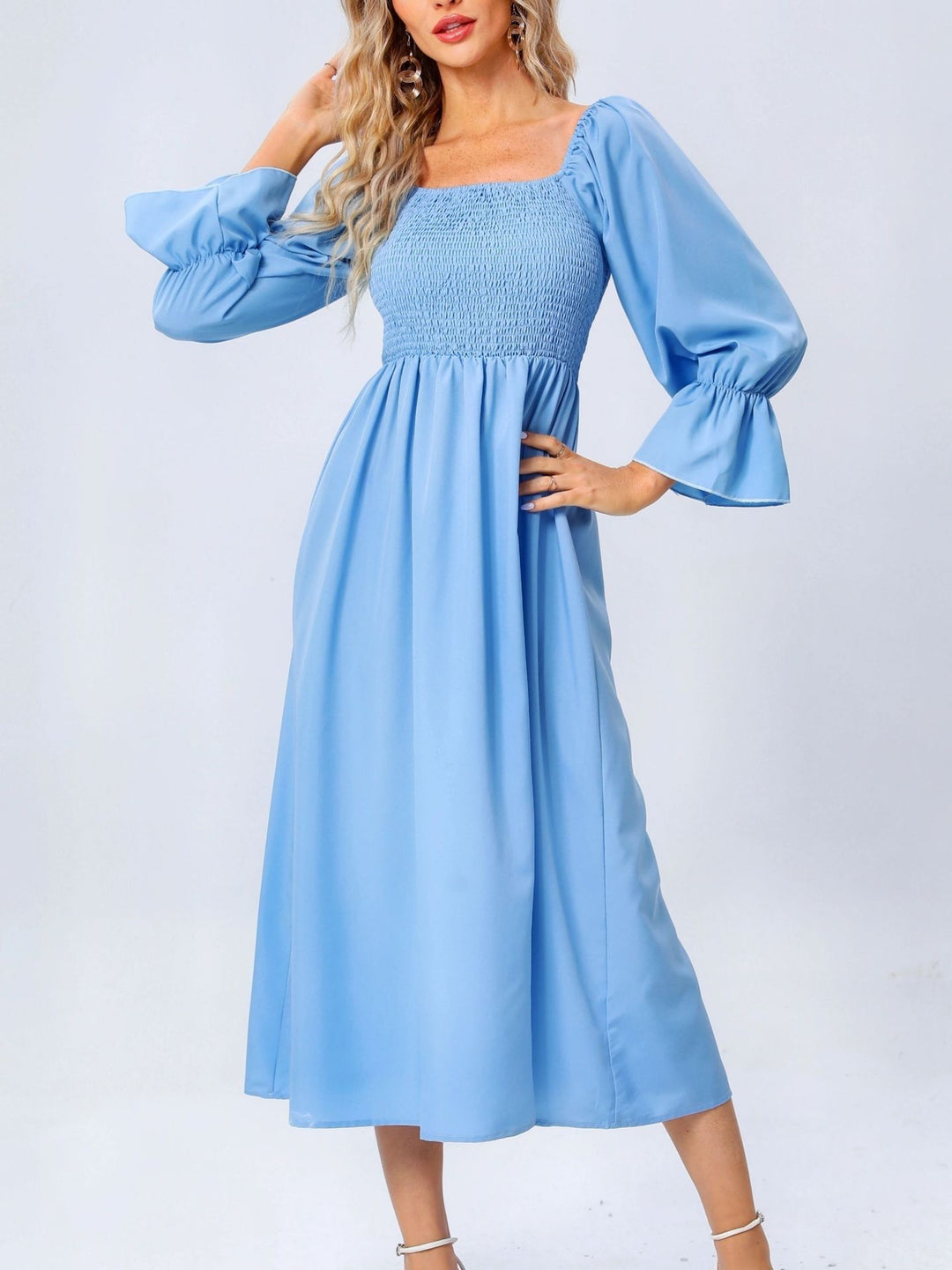 Midi dress for ladies with elastic puff sleeves and a romantic waist tie Lune London