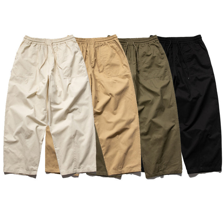 Men's Wide Relaxed Cargo Pants with Elastic Drawstring Waistband and Patch Pockets Amarae
