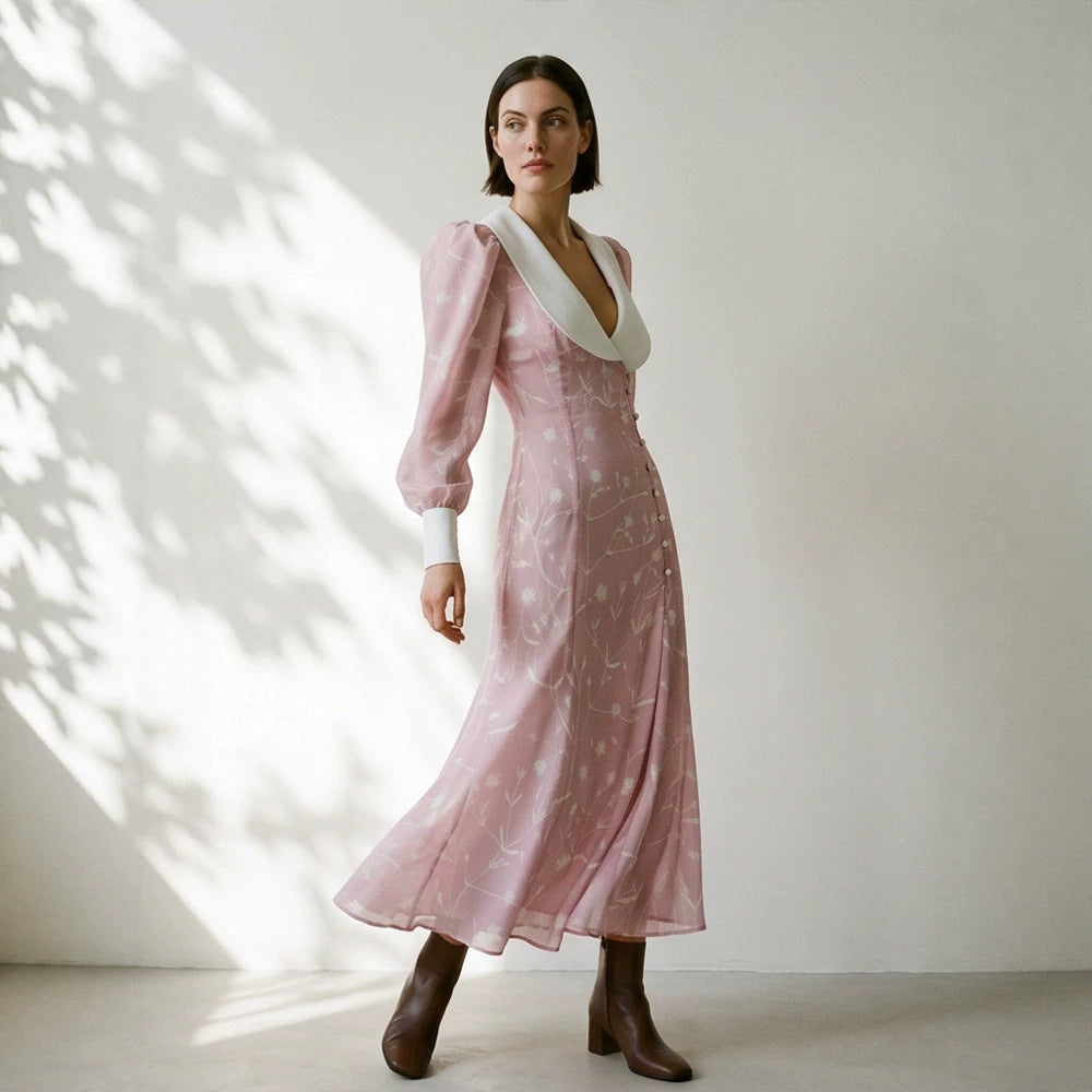 Women's midi dress with deep shawl collar, puff sleeves, and side slit Amarae