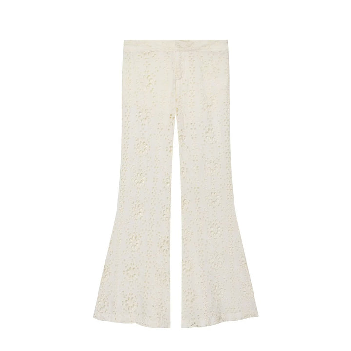 Women's Wide Broderie-Anglaise Flared Trousers with High Waist and Flared Leg Amarae
