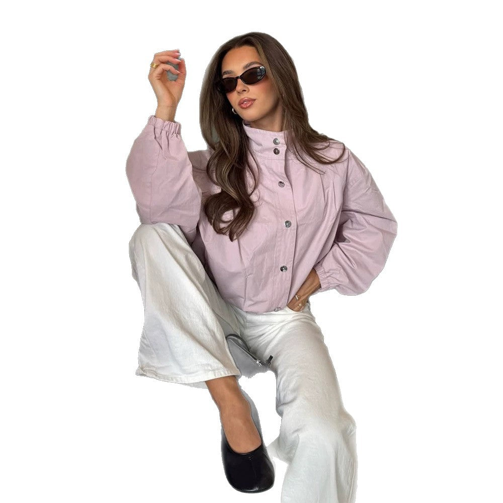 Ladies Short Boxy Bomber Jacket with Stand Collar and Snap Button Closure Amarae