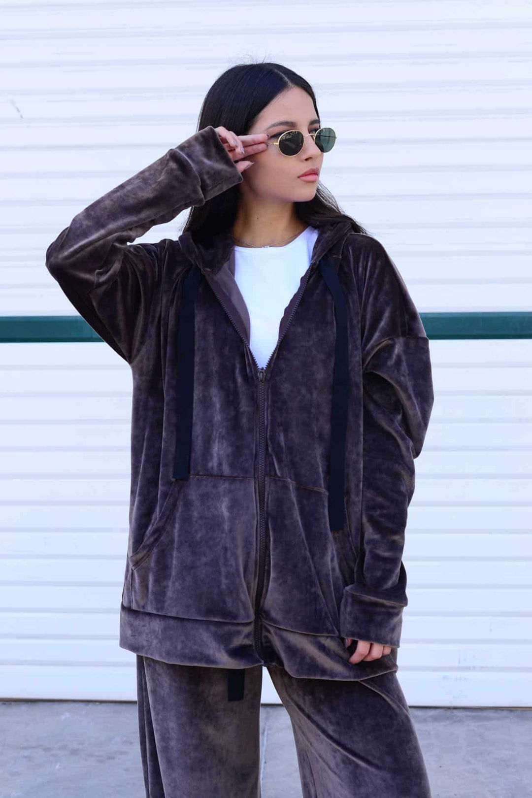 Ladies Luxurious Velvet Hooded Jacket with Soft Lining and Convenient Pockets Lune London