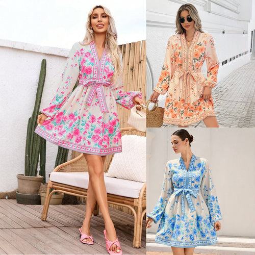 Women's dress with floral details and waist belt Amarae