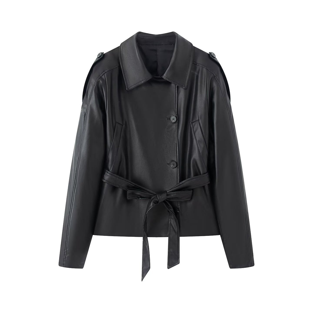 Women's short faux leather trench coat with waist belt and shoulder cape Amarae