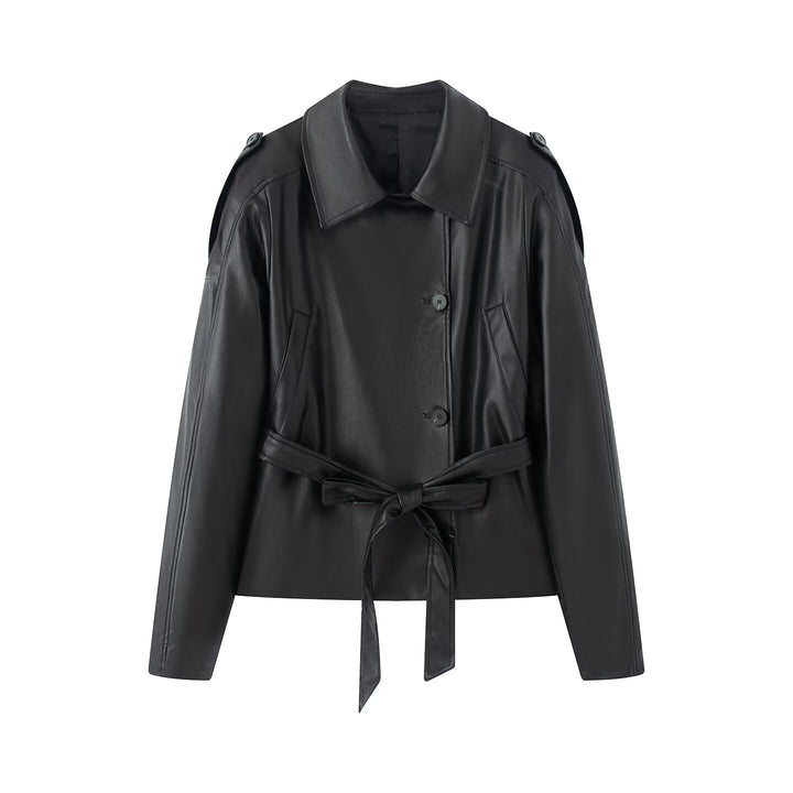 Women's short faux leather trench coat with waist belt and shoulder cape Amarae