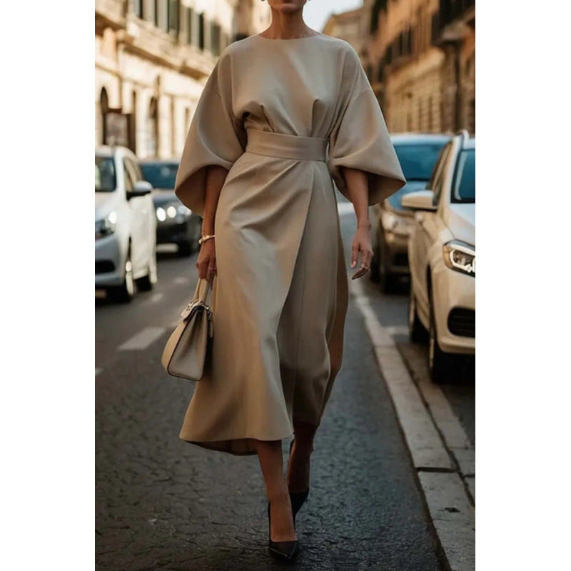Ladies Elegant Midi Dress with Wide Kimono Sleeves and Fitted Wrap Waist Amarae