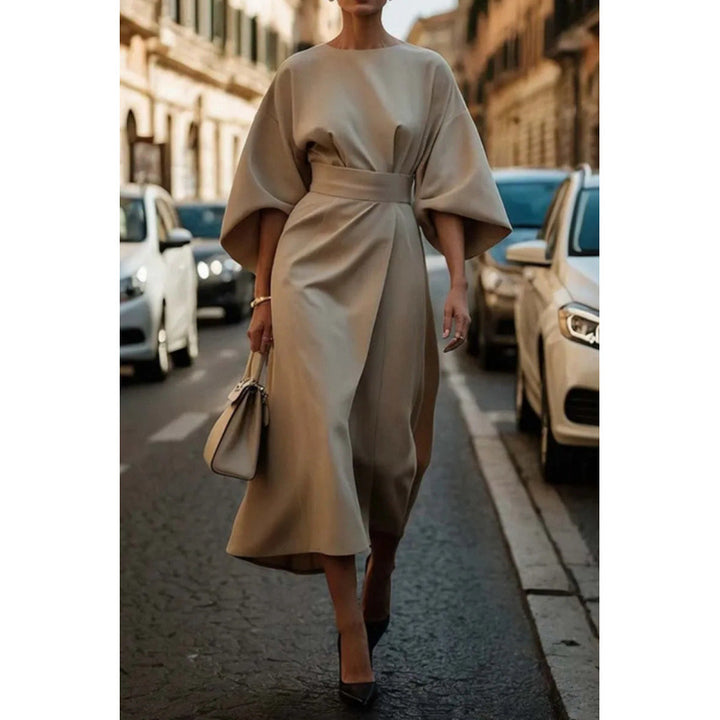 Ladies Elegant Midi Dress with Wide Kimono Sleeves and Fitted Wrap Waist Amarae