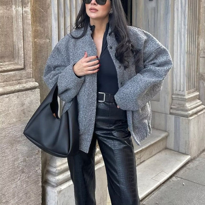 Ladies elegant oversized wool jacket with relaxed fit and textured fabric Lune London