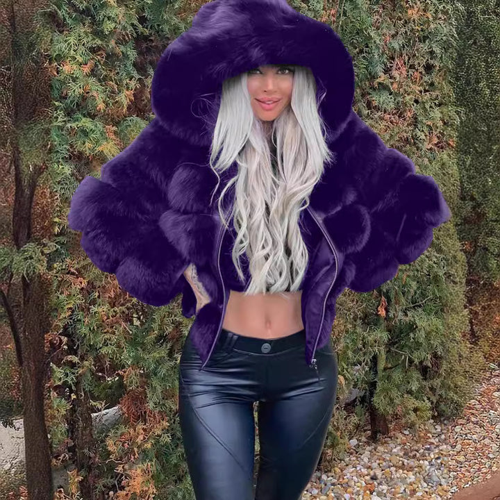 Ladies Cozy Faux Fur Jacket with Plush Hooded Collar Lune London