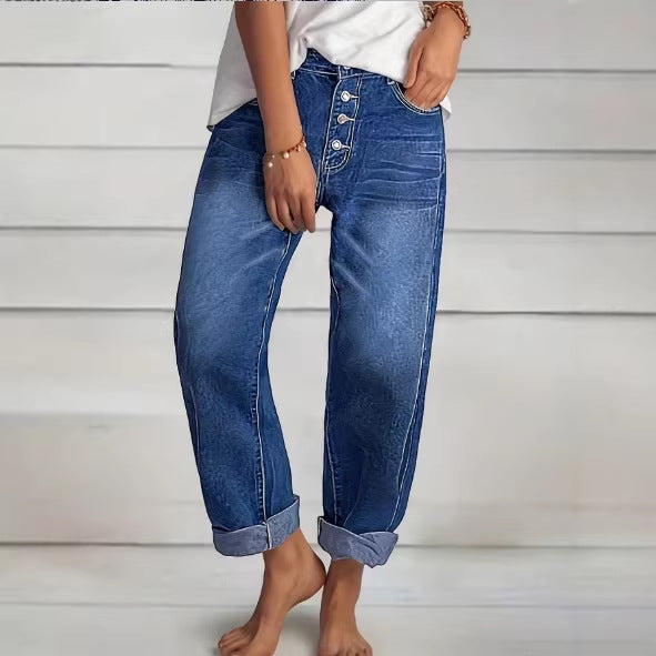 Ladies High-Waist Relaxed-Fit Jeans in Boyfriend Style with Visible Button Placket and Rolled Hem Amarae