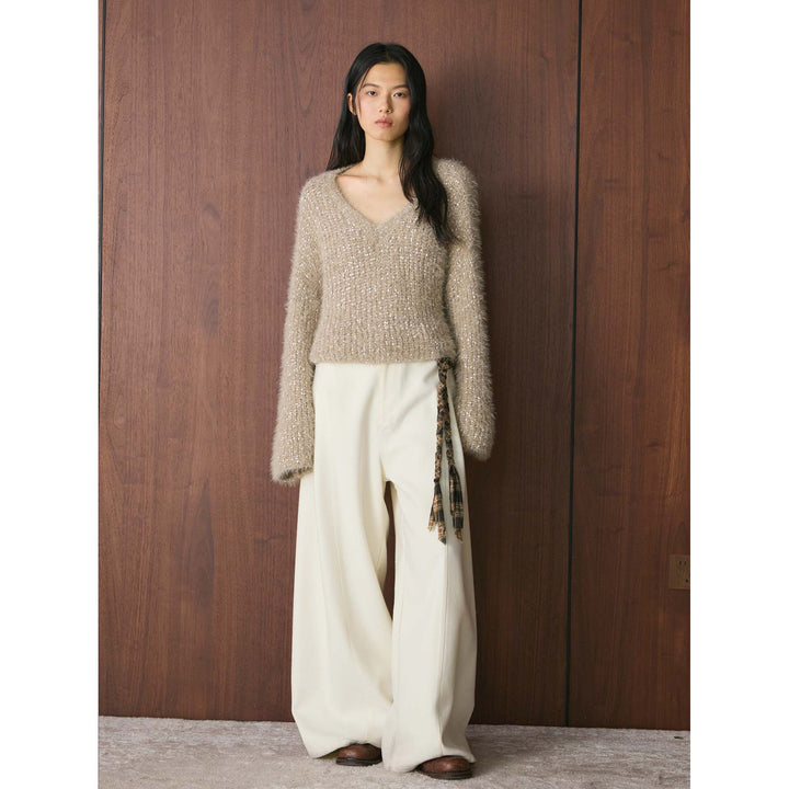 Women Fluffy Mohair-Look V-Neck Sweater with Glitter Threads Amarae