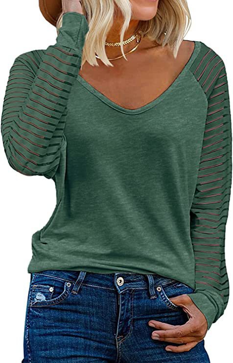 Woman V-neck top with transparent striped sleeves Lune London