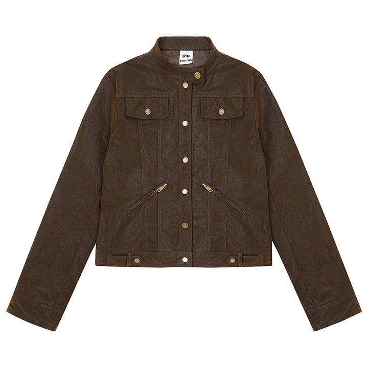Women Short Cut Faux Leather Jacket in Vintage Moto Style Amarae