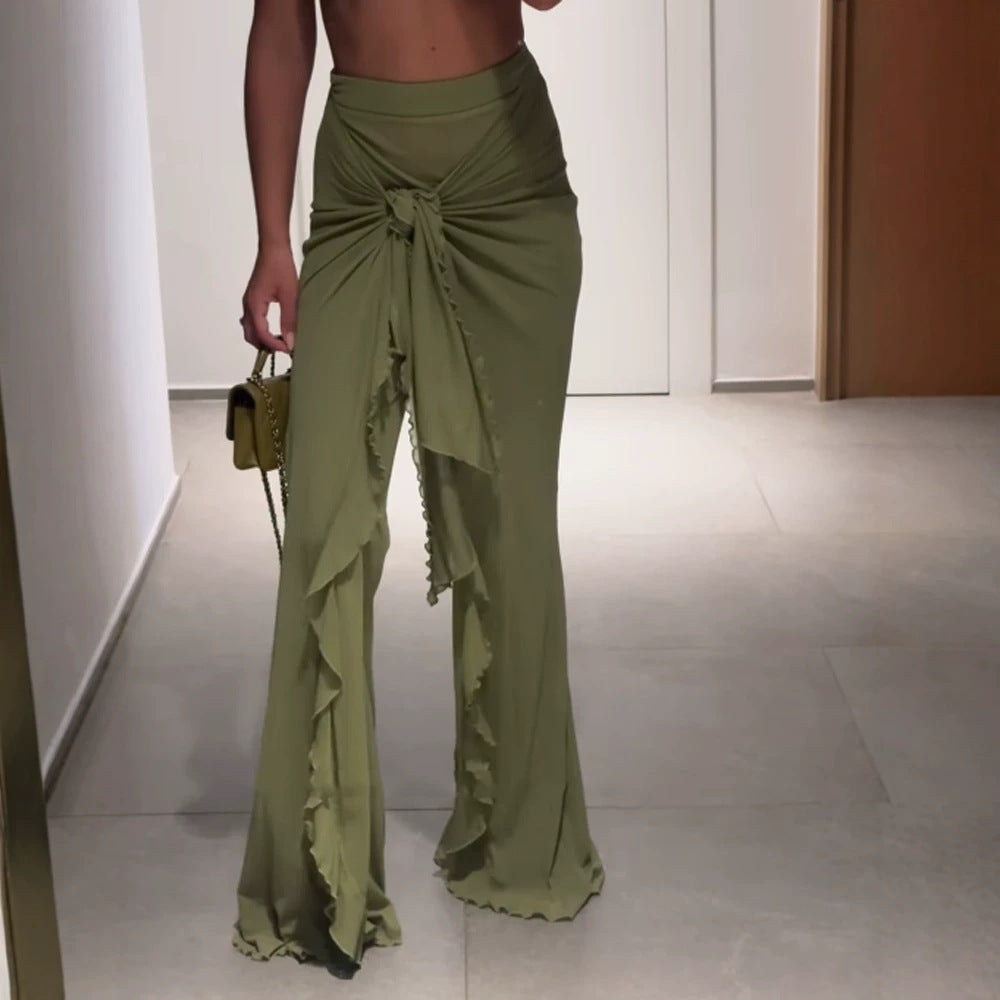 Women's High-Waisted Maxi Skirt with Asymmetrical Gathering, Knot Detail, and Ruffle Slit Amarae