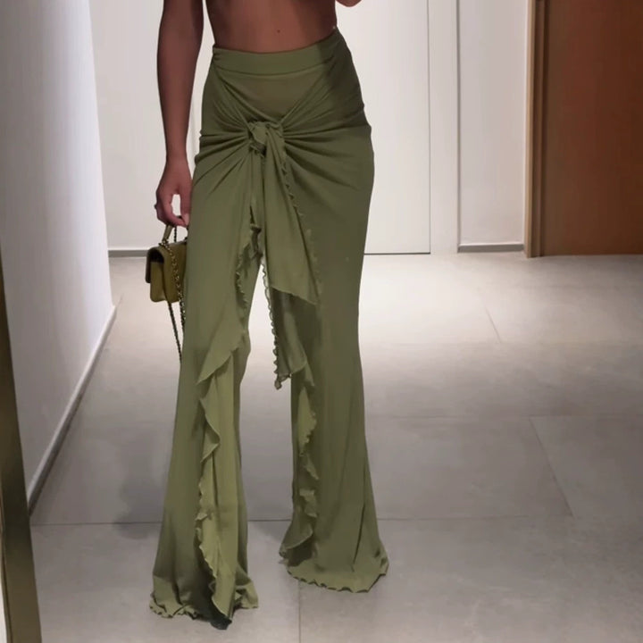 Women's High-Waisted Maxi Skirt with Asymmetrical Gathering, Knot Detail, and Ruffle Slit Amarae