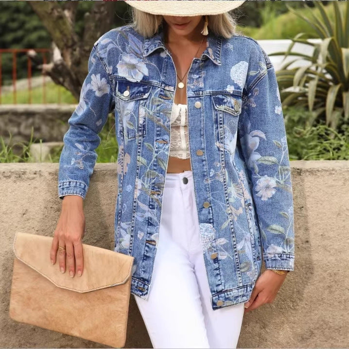 Women’s Longer Denim Jacket with Floral Allover Print, Chest Flap Pockets, and Casual Oversized Fit Amarae