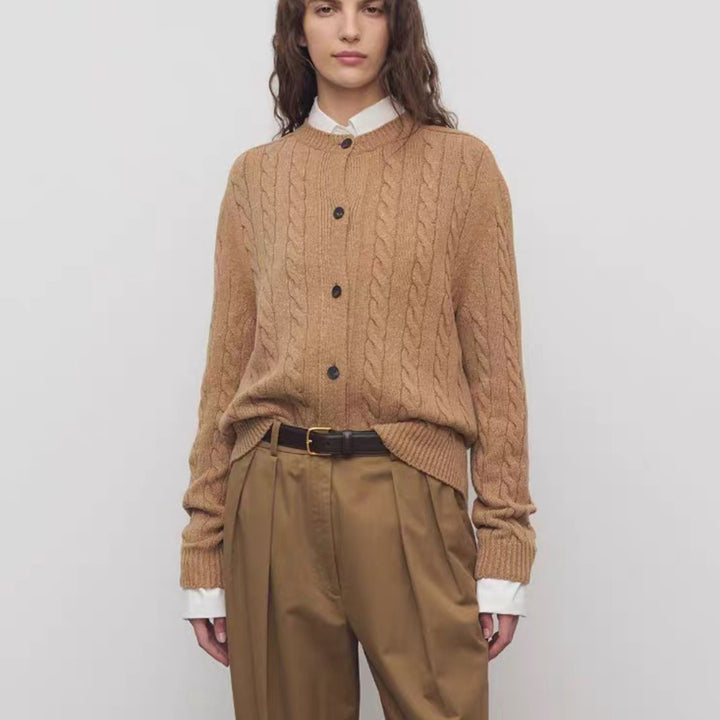 Ladies chunky knit cardigan with decorative cable pattern and button placket Lune London